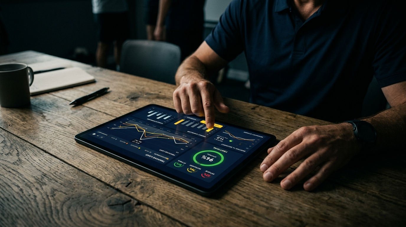 Cuerpo técnico de fútbol revisando la carga de la plantilla en tablet con el panel FF360
